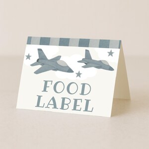 Aquarell Flugzeug Faltbar Food Tent Karten | Bearbeitbare Canva Vorlage | Reise-Thema Party Etiketten zum Ausdrucken