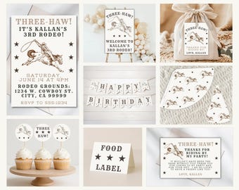 Drei-Haw Rodeo Party Pack | Cowboy-Geburtstags-Dekorations-Bundle | Western bearbeitbare Canva-Vorlagen | Einladungen, Schilder, Tags & Printables