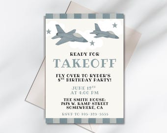Airplane Watercolor Birthday Invitation | Editable Jet Party Invite | Ready For Takeoff 5x7 Template | Printable Boy Birthday Download