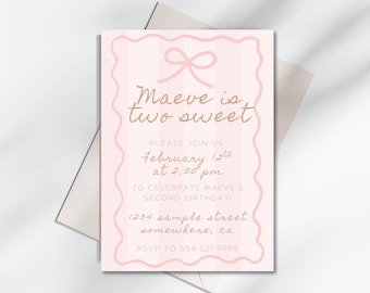 Two Sweet Birthday Invitation | Editable 2nd Birthday Invite for Girls | Pink Bow Canva Template | 5x7 Printable Digital Download