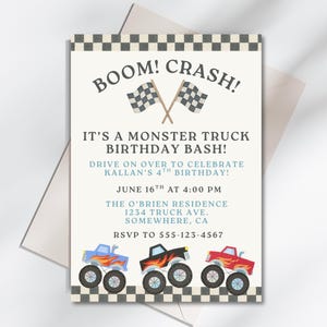 Boom Crash Monster Truck Birthday Invite | 5x7 Editable Digital Template | Boys Race Car Party Printable | Instant Download
