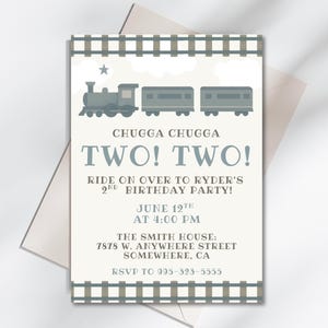 May include: A train-themed birthday party invitation with a gray train graphic, clouds, and star. The text reads "CHUGGA CHUGGA TWO! TWO!" and invites guests to Ryder's 2nd birthday party on June 12th at 4:00 PM. Includes RSVP information.