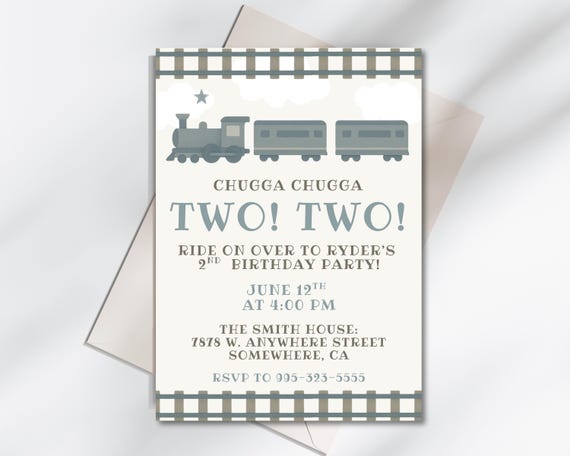 Chugga Chugga Two Two Train Birthday Invitation Boy Girl | Modern Blue Grey Watercolor 2nd Birthday Party | 5x7 Canva Template Digital