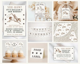 Yee-Haw Rodeo Party Pack | Cowboy-Geburtstags-Dekorations-Bundle | Western bearbeitbare Canva-Vorlagen | Einladungen, Schilder, Tags & Printables