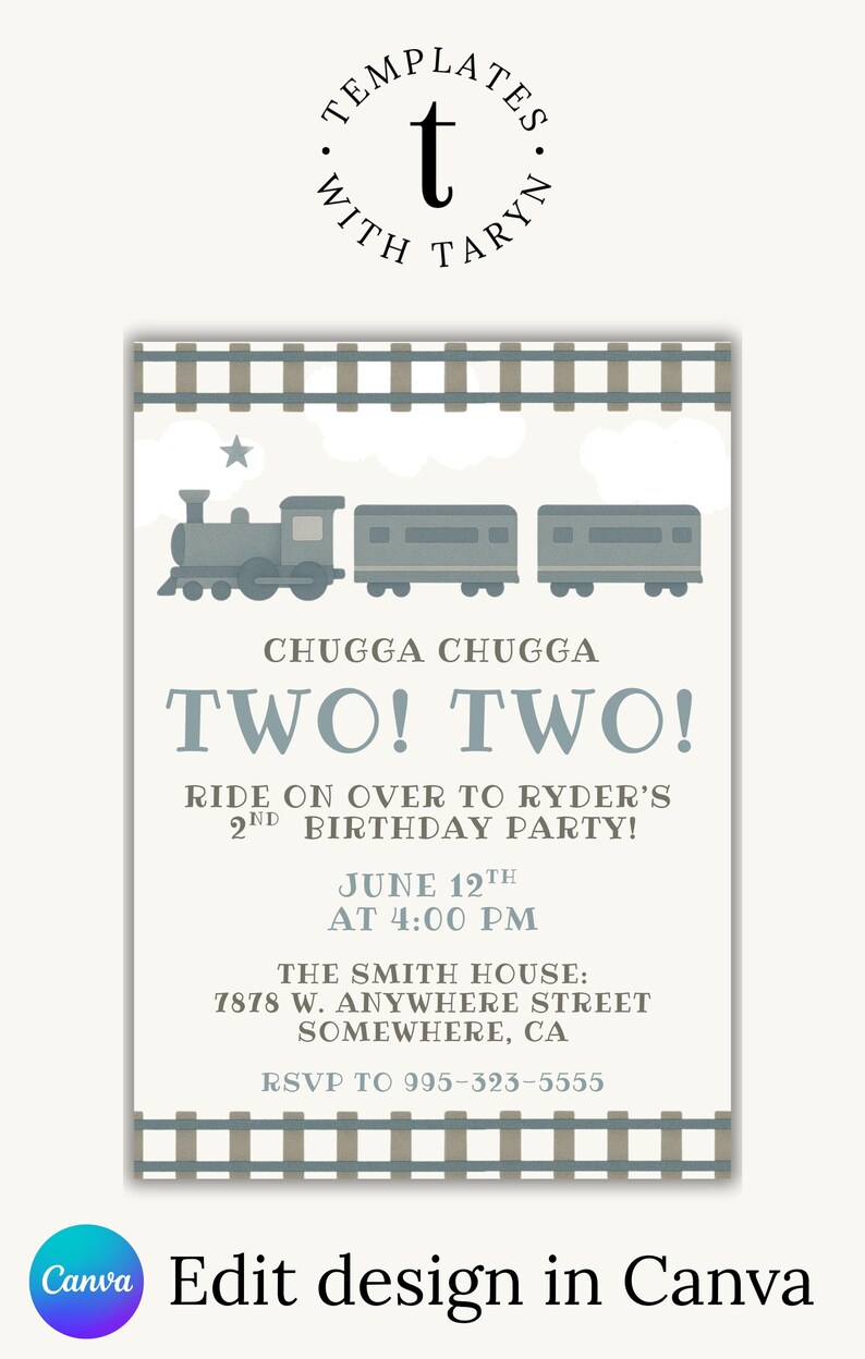 May include: A light beige birthday party invitation with a train illustration. The text reads "Chugga Chugga Two! Two!" and invites guests to Ryder's 2nd birthday party on June 12th at 4:00 PM.