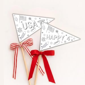 May include: Two triangular flags on wooden sticks, decorated with patriotic symbols and text. One flag says "USA" and the other says "HAPPY 4th". The flags are adorned with stars, fireworks, and a hot dog. Red and white striped and solid red bows are tied to the sticks.