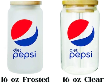 Diseño inspirado en la bebida pop Dirt Pepsi, vaso de vidrio Diet Pepsi, impreso en ambos lados