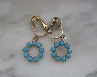 Vintage Gold Tone & Faux Turquoise Clip On Earrings