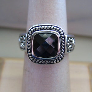 Vintage Silver Tone & Faceted Square Black Onyx Ring - Size 7