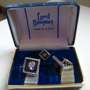 Vintage Lord Mewport Silver Tone & Black Enamel Cufflinks and Tie Tac Set