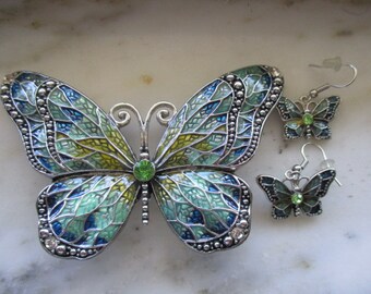Vintage Silver Tone Green & Blue Enamel Butterfly Pendant and Pierced Earrings Set