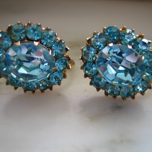 Vintage Gold Tone & Blue Rhinestone Screw Back Earrings