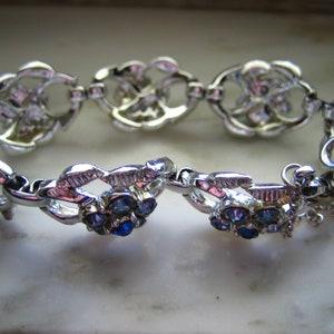 Vintage Coro Silver Tone & Blue Rhinestone Flower Bracelet