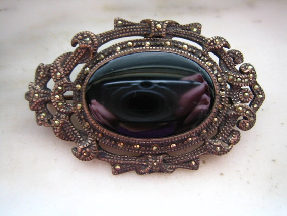 Antique Sterling Silver Marcasite & Black Onyx Pi… - image 1