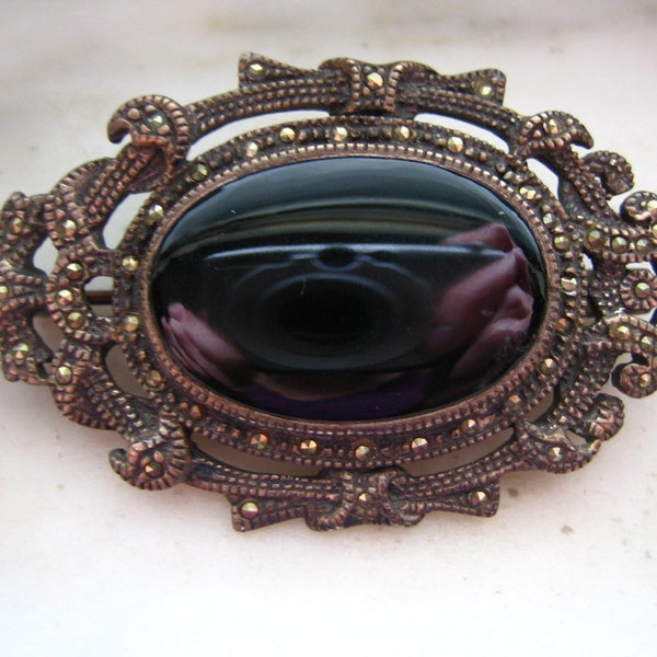 Antique Sterling Silver Marcasite & Black Onyx Pin or Brooch