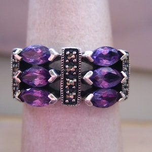 Vintage ACI Sterling Silver Amethyst & Marcasite Ring - Size 6 3/4