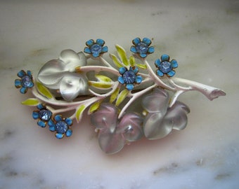 Vintage White Enamel Blue Flowers Silver Leaves Branch PIn or Brooch