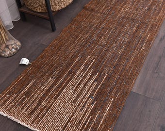 2x7 Handwoven Kilim Runner Rug, Terracotta Blue Color, Wool Cotton Rug, 2x7 Hallway Rug, Striped Design,