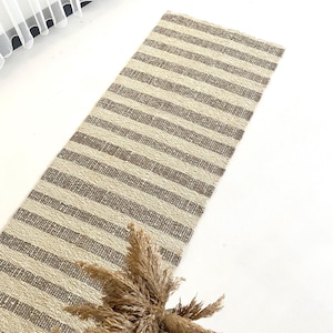 Striped Runner Rug - Wool Jute Striped Runner Rug - Handmade Wool Jute Kilim Rug - Brown & Beige Runner Rug - Mid Century Modern Rug - Gift