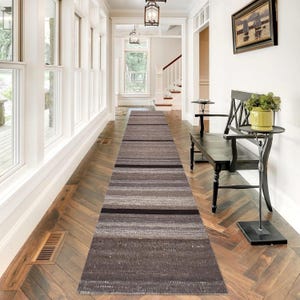 Dark Brown & Brown Wool Jute Kilim Runner Rug - Stair Kilim Runner Rug - Handmade Wool Jute Kilim - 2x10 2x12 2x14 Runner Rugs - Mid Century