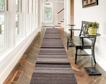 Dark Brown & Brown Wool Jute Kilim Runner Rug - Stair Kilim Runner Rug - Handmade Wool Jute Kilim - 2x10 2x12 2x14 Runner Rugs - Mid Century