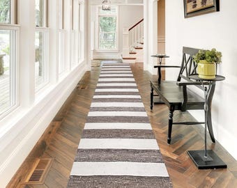 Brown & Beige Striped Kilim Runner Rug - Wool Jute Kilim Runner Rug - Stair Runner Rug - Wool Handmade Jute Kilim - Mid Century Striped