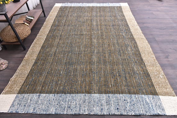 6x9 Contemporary Green Blue Handmade Kilim Rug, 6x9 Striped Kilim Rug,  Light Blue Accent Border, 6x9 Contemporary Home Rug, 6x9 Area Rug