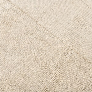 May include: Close-up of a cream-colored rug with a textured, looped pile. The rug features a subtle, geometric pattern created by the direction of the loops, with diagonal lines dividing the surface.