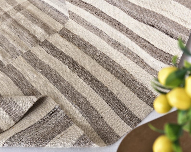 Pu&ograve; includere: Un tappeto tessuto a mano con un motivo a strisce in tonalit&agrave; beige e marrone. Il tappeto ha un aspetto e una sensazione naturali e rustici.
