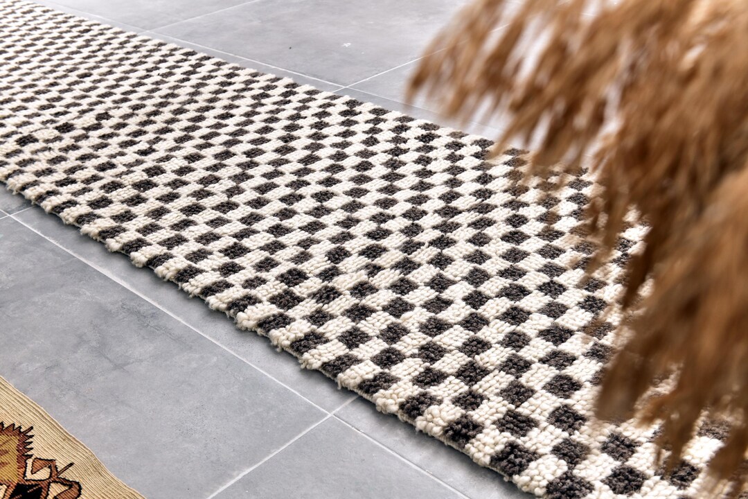 2x10 Checkered Runner Rug, Checkered Gray Beige Runner Rug, Handmade ...