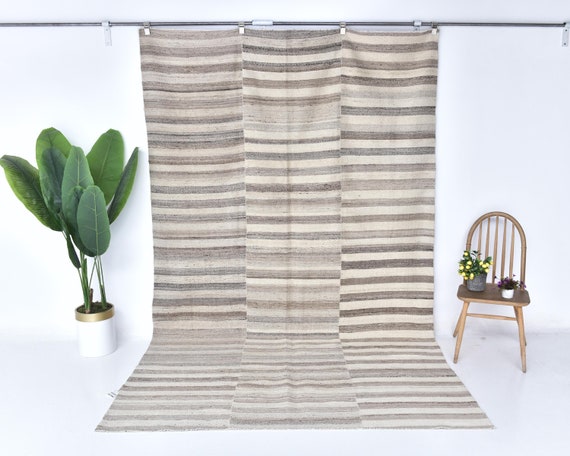 9x12 Area Rug, 9x12 Striped Kilim, Oversize Kilim Rug, Large Area Rug, Wool Handmade Jute Kilim, Brown Beige Carpet, Soft Pastel Bohemian