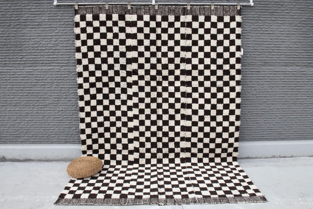 90s Checkared Rug 9x12 Oversize Checkered Rug, White Brown Checkered Rug Wool Handmade ...
