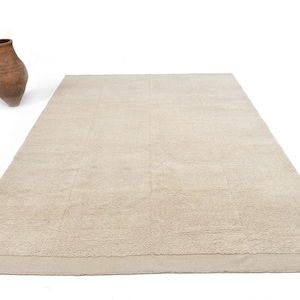 May include: A beige area rug with a subtle textured pattern and a slightly darker border. The rug is laid out flat on a white surface.