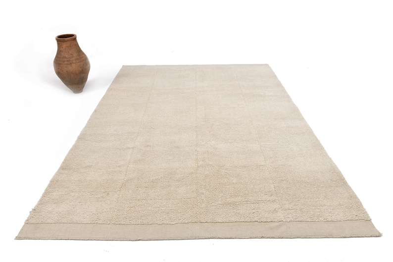 May include: A beige area rug with a subtle textured pattern and a slightly darker border. The rug is laid out flat on a white surface.