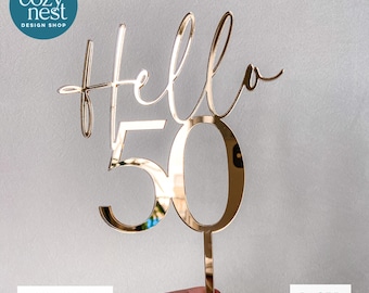 50歳の誕生日ケーキトッパー SVG Hello 50: レーザーカットファイル (SVG、DXF、デジタルダウンロード)