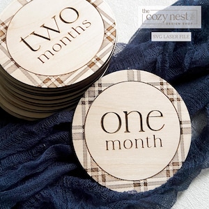 May include: Wooden monthly milestone markers with engraved text and a plaid border. One marker reads "one month," and another reads "two months." The Cozy Nest Design Shop logo is visible in the upper right corner.