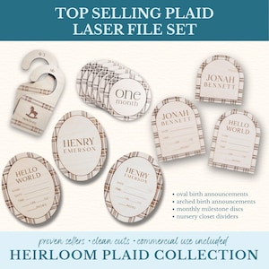 Peut inclure: Ensemble de produits en bois pour annonces de naissance et jalons pour bébés, avec un motif à carreaux. Comprend des annonces de naissance ovales et arquées, des disques mensuels et des séparateurs de penderie. Le texte "TOP SELLING PLAID LASER FILE SET" est en haut.