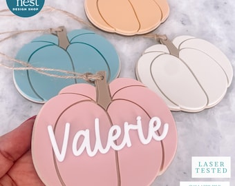 May include: Four pumpkin-shaped decorations in pastel shades: pink, blue, peach, and white. Each has a brown stem and a twine loop. The pink pumpkin has the name "Valerie" in white script. The Cozy Nest Design Shop logo is in the upper left.