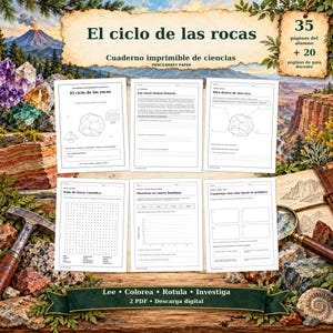 Könnte beinhalten: Ein druckbares Wissenschafts-Arbeitsheft mit dem Titel El ciclo de las rocas, bestehend aus 35 Schülerseiten und 20 Lehrerhandbuchseiten. Das Set enthält Arbeitsblätter mit Diagrammen, Wortsuchrätseln und Tabellen zur Geologie.