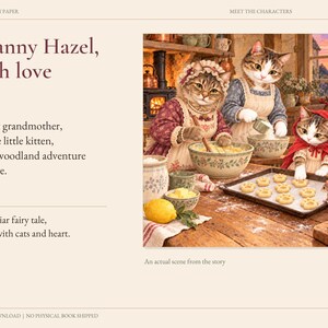 Könnte beinhalten: Eine Illustration mit dem Titel Granny Hazel, with love zeigt drei Katzen in einer Küche. Eine Katze trägt eine Haube und Schürze, eine andere eine Schürze und eine kleine Katze eine rote Kapuze. Sie backen pfotenförmige Kekse.
