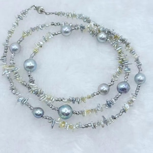 New! HUGE BIG 9.1mm Genuine Akoya blue grey Pearl and KESHI necklace,Saltwater pearl necklace,gift for Her,Christmas gift,Birthday gift,64cm