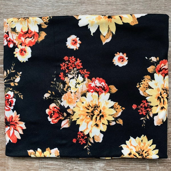 Yellow and Rust Floral on Black Double Brushed Polyester Spandex Fabric / dbp fabric / floral double brushed poly fabric/ fabric by the yard