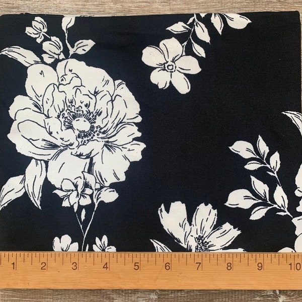 White Floral on Black Double Brushed Polyester Spandex Fabric / dbp fabric / floral double brushed poly fabric/ fabric by the yard