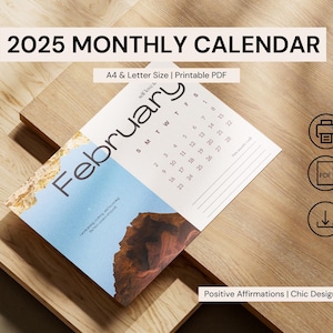Calendário digital A4 e carta 2025 - Afirmações mensais com citações motivacionais, positividade, autocuidado, definição de metas, PDF chique para impressão