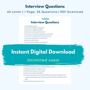 Pode incluir: Um documento PDF imprimível em azul-turquesa e branco com o título "Perguntas da Entrevista" e o texto "Download digital instantâneo Usos ilimitados!" O documento contém uma lista de 25 perguntas da entrevista.