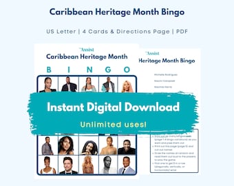 Caribbean Heritage Month Bingo Cards | Affinity Month Games | 4 Bingo Cards and Directions Page | PDF Instant Download Game