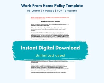 Plantilla de política de trabajo desde casa desde casa / Políticas de la empresa / Descarga instantánea imprimible en PDF