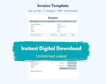 Plantilla de factura / Pequeñas empresas, Factura de cliente, Factura comercial, Factura de servicios / Descarga instantánea de PDF
