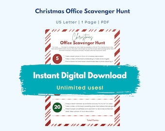 Juego de búsqueda del tesoro de la oficina de Navidad / Búsqueda del tesoro de vacaciones de invierno / Grupo, Oficina, Juego de fiesta / Descargable instantáneo imprimible