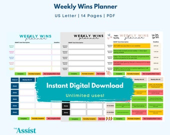 Planificador semanal de victorias con 4 plantillas y ejemplos / Planificación de objetivos de equipo y planificador semanal / PDF de 15 páginas
